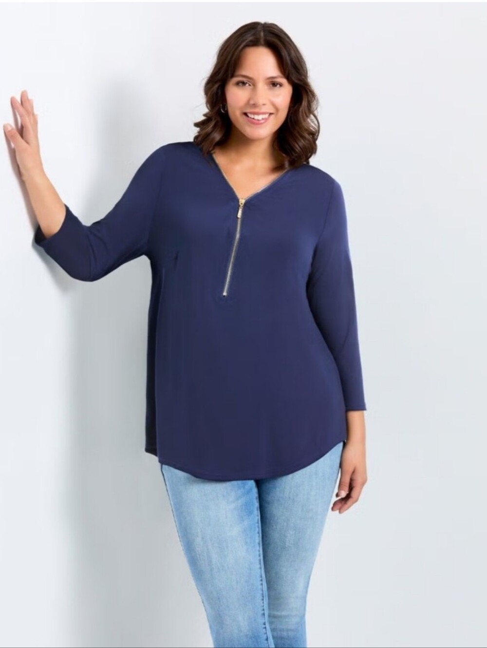 AVENUE Zip-Neck 3/4 Sleeve Tunic Blouse